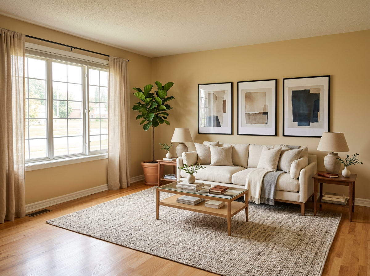 Staged living room with seating facing the window and layered rug
