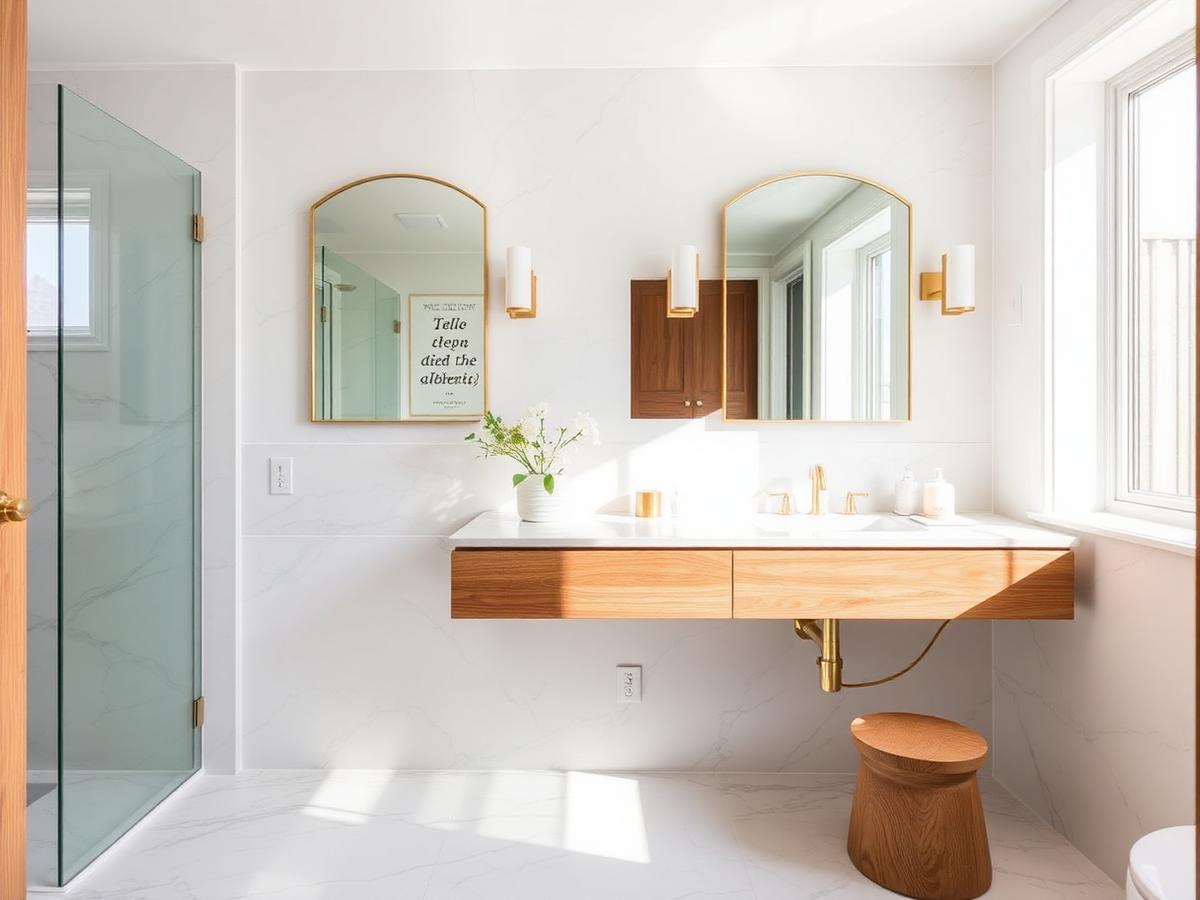 Bathroom remodel with floating wood vanity and marble tile