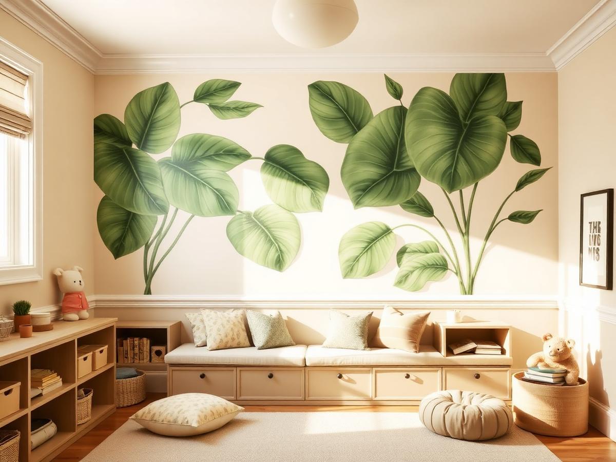 Playroom reading nook with oversized painted leaves and built-in seating