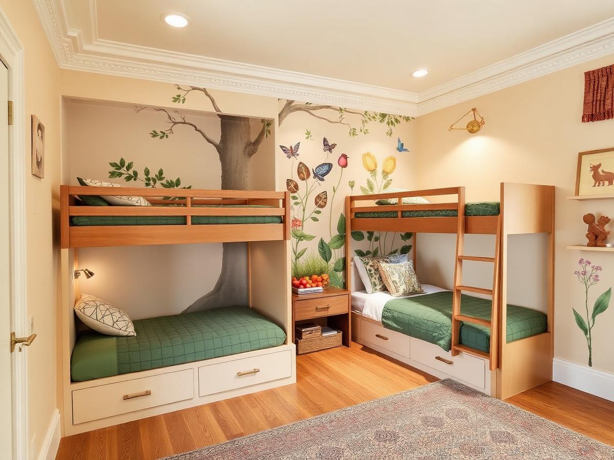 Playroom corner with built-in bunk nooks and a storybook botanical wall