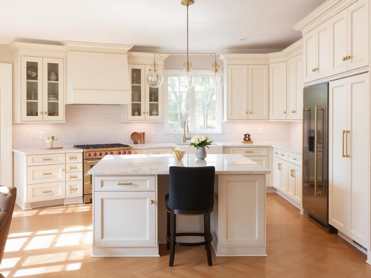 Renovated kitchen with white cabinetry, island, and brass hardware