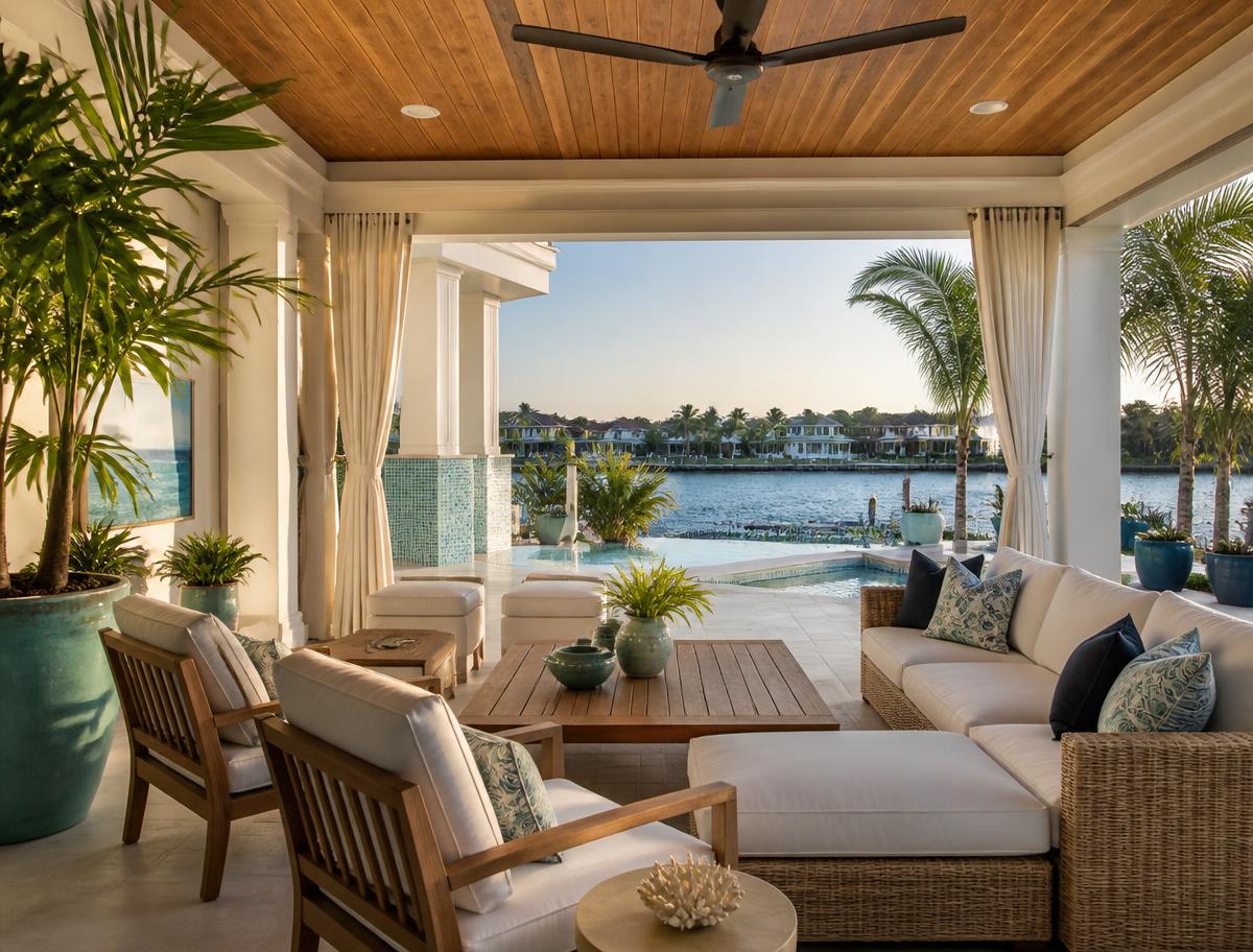 Covered cabana lounge with teak and rattan seating beside a turquoise pool and waterway view