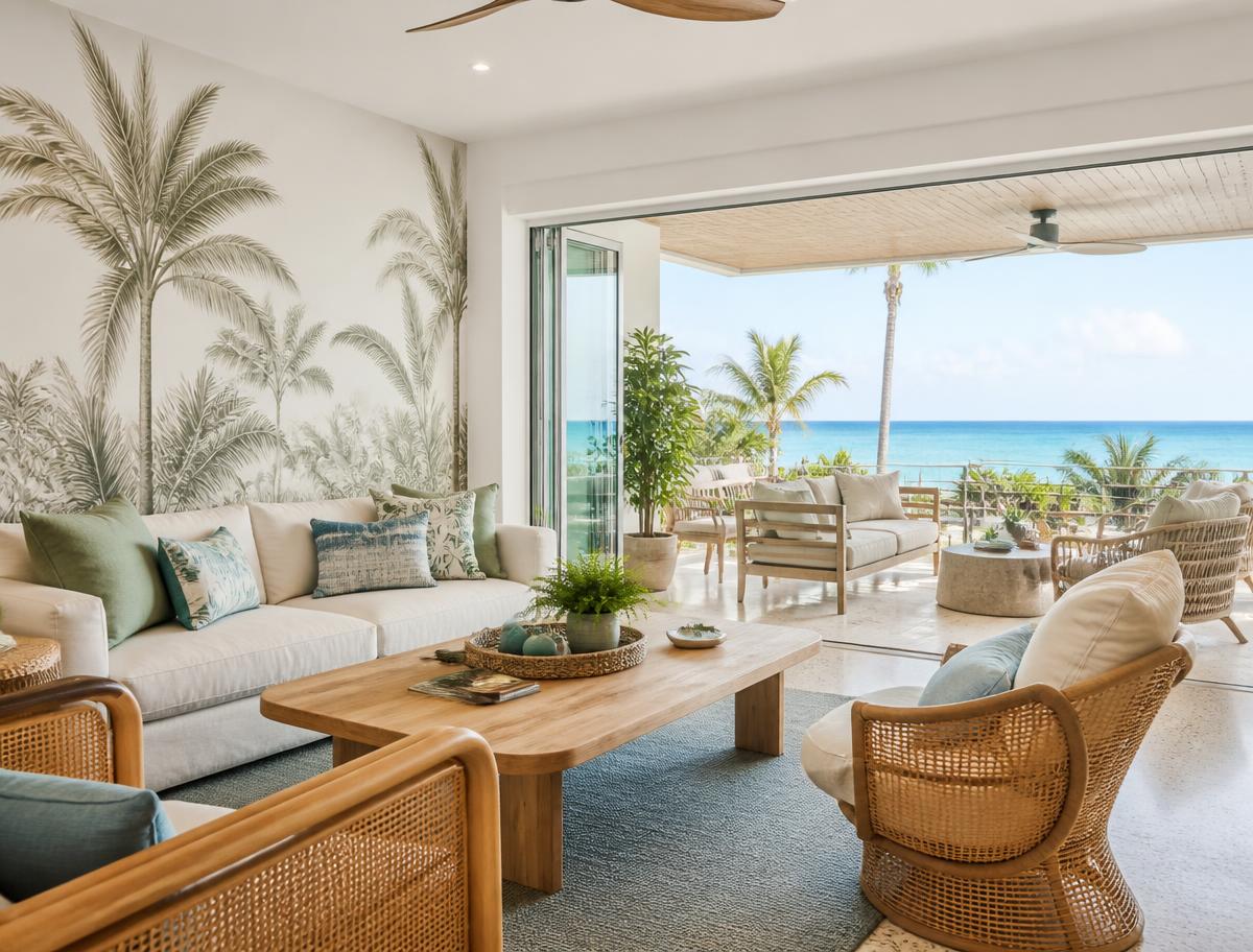 Elevated coastal living room with a palm botanical mural opening onto a shaded terrace and ocean view