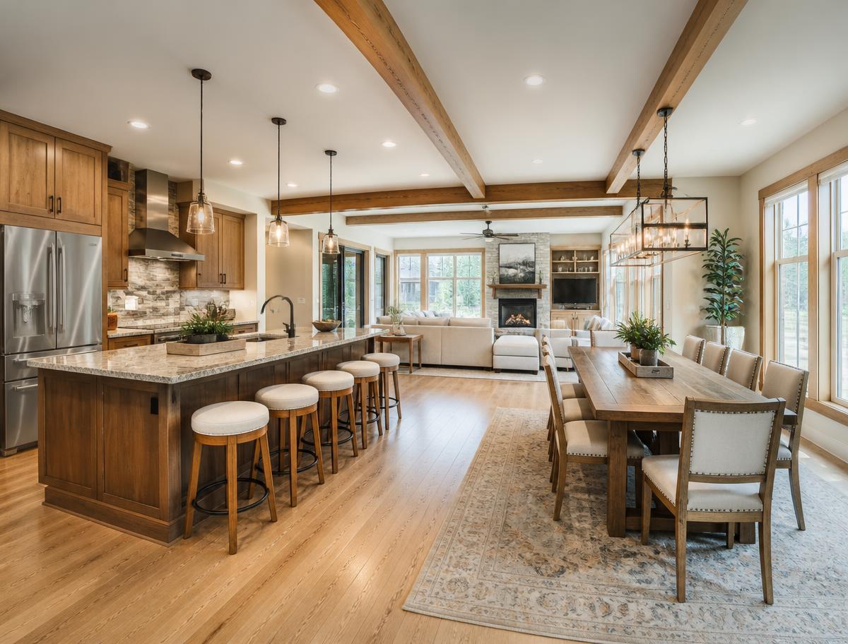 Open-plan vacation rental kitchen with island seating, dining table for eight, and connection to the living room