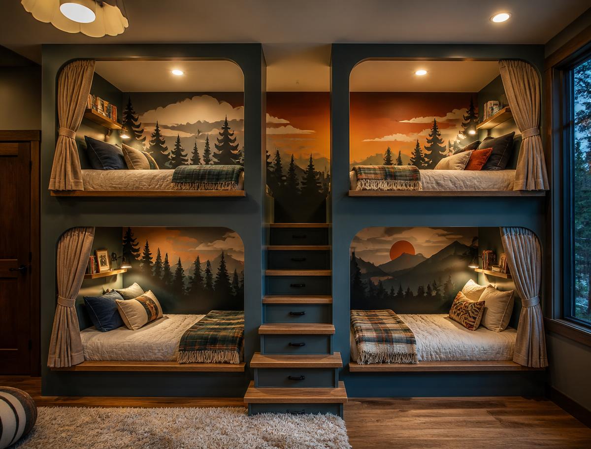 Custom built-in bunk room with four curtained sleeping nooks and a painted landscape mural