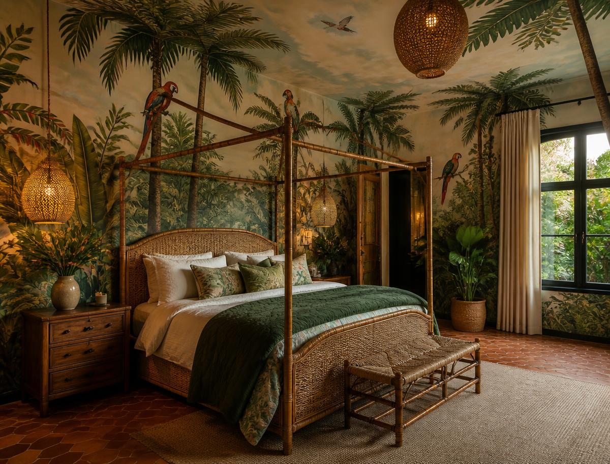 Immersive tropical theme bedroom with a wraparound hand-painted jungle mural and rattan canopy bed