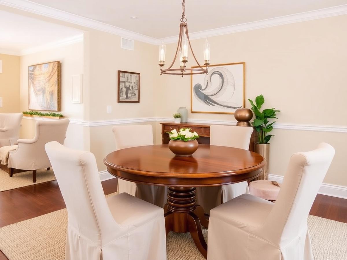 Staged dining room with round table and art