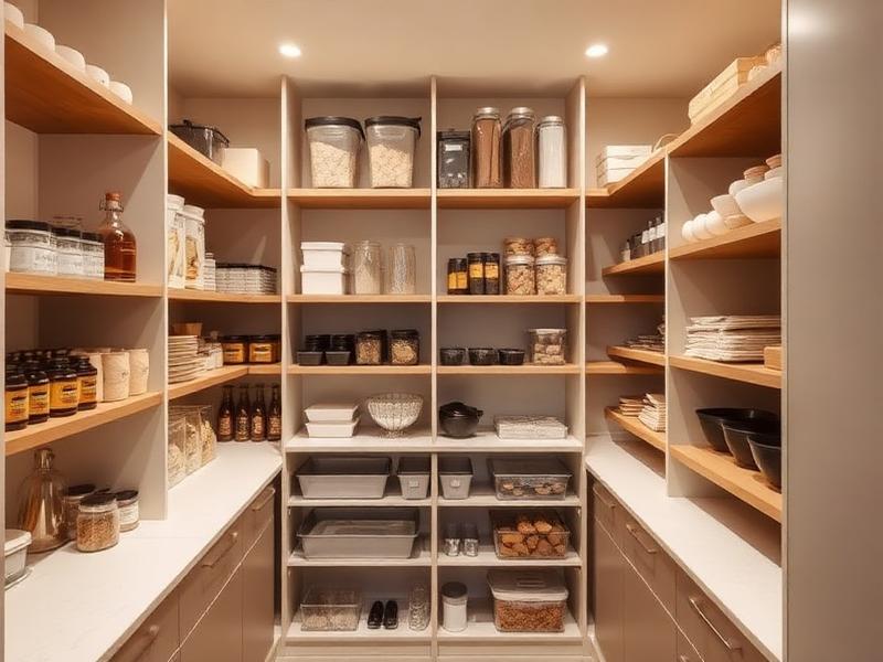 Organized pantry with glass canisters and labeled bins