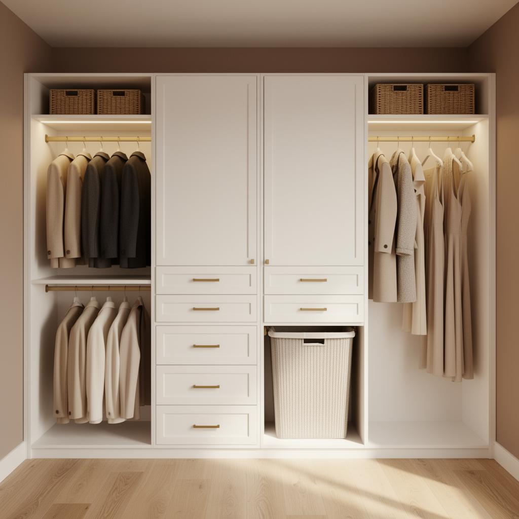 Reach-in closet fitted with adjustable shelving and drawers