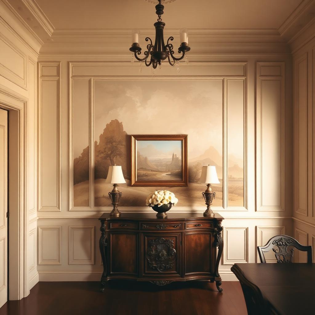 Dining room with hand-painted classical landscape mural