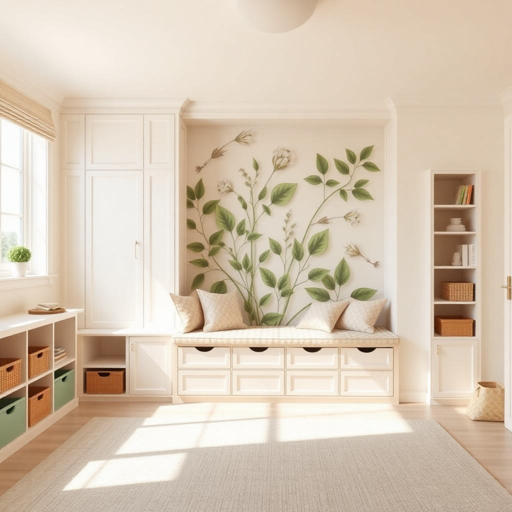 Playroom with built-in storage, window bench, and 3D botanical mural