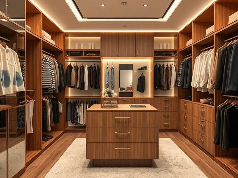 Custom walk-in closet with double-hang zones and shoe display